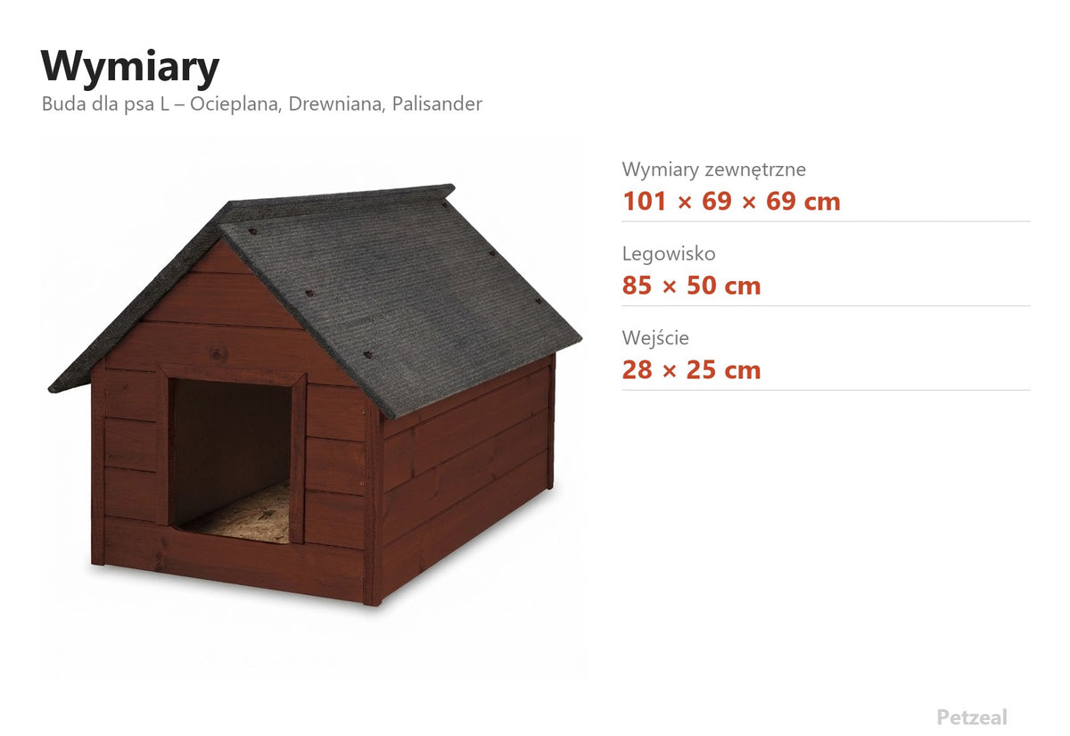 Buda dla psa L – Ocieplana, Drewniana, Palisander – wymiary