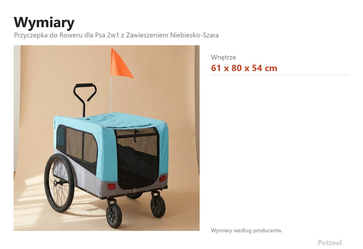 Przyczepka do Roweru dla Psa 2w1 z Zawieszeniem Niebiesko-Szara – wymiary