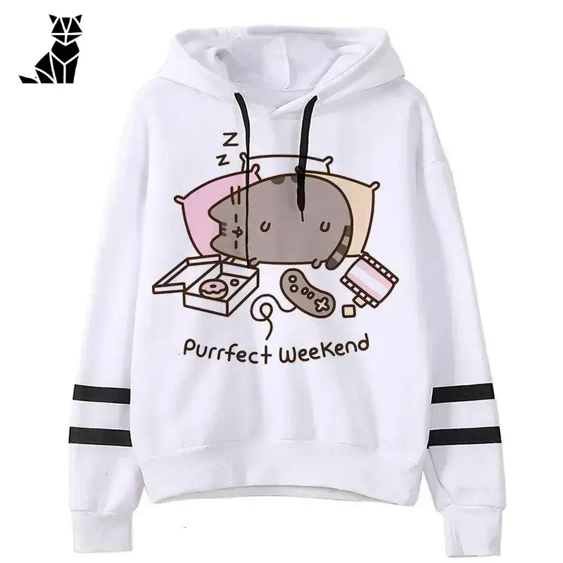 Stylowa Bluza z Kotem dla Miłośników Zwierząt Idealny Weekend / s Biały z Kapturem Bluza