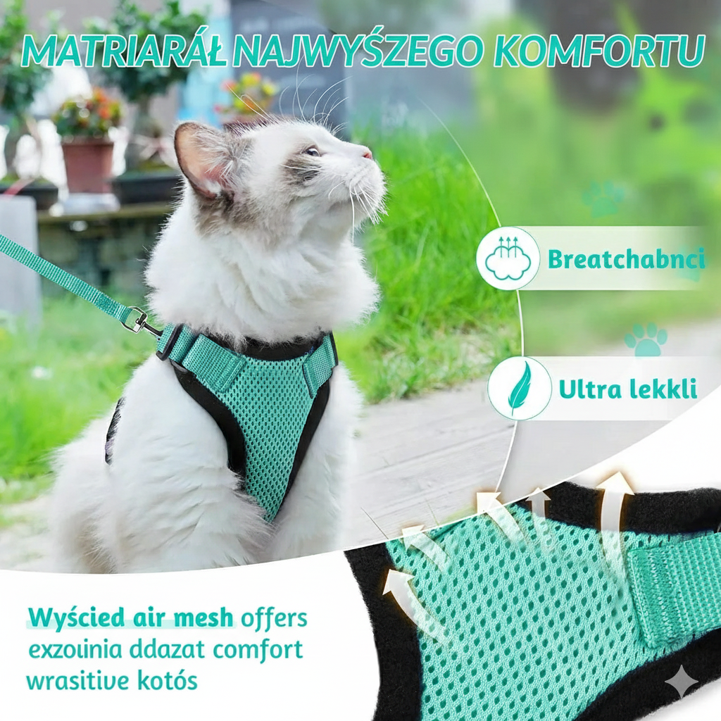 Szelki Bezuciskowe dla Kota na każdy Spacer Oddychający Lekki Siatka