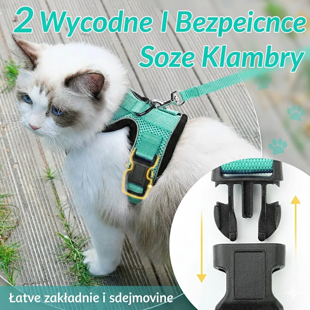 Szelki Bezuciskowe dla Kota na każdy Spacer Turkus Siatka Kot