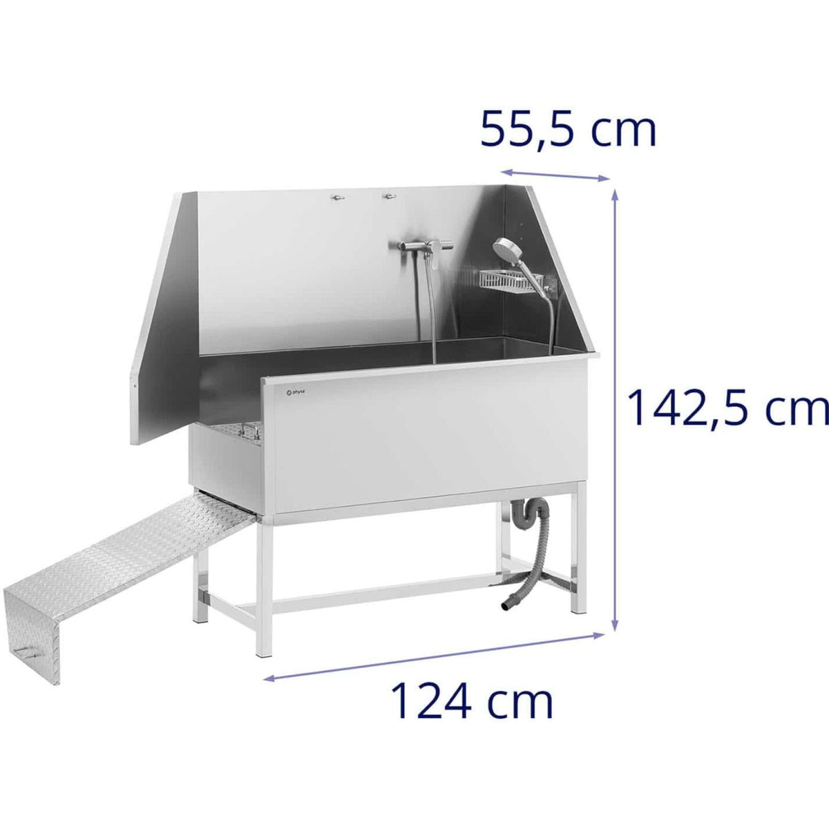 Wanna groomerska ze stali nierdzewnej z rampą – 122 × 56 × 142 cm, z baterią i prysznicem – wymiary