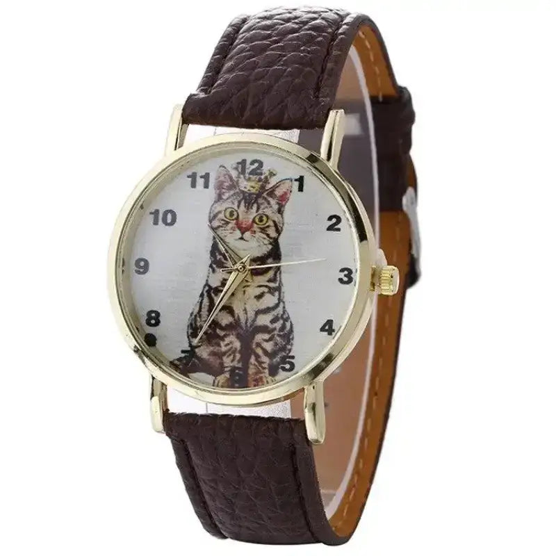 Zegarek z Motywem Królowej Kotów Damski Brązowy Brązowy Przywiązany do Skóry Zegarek