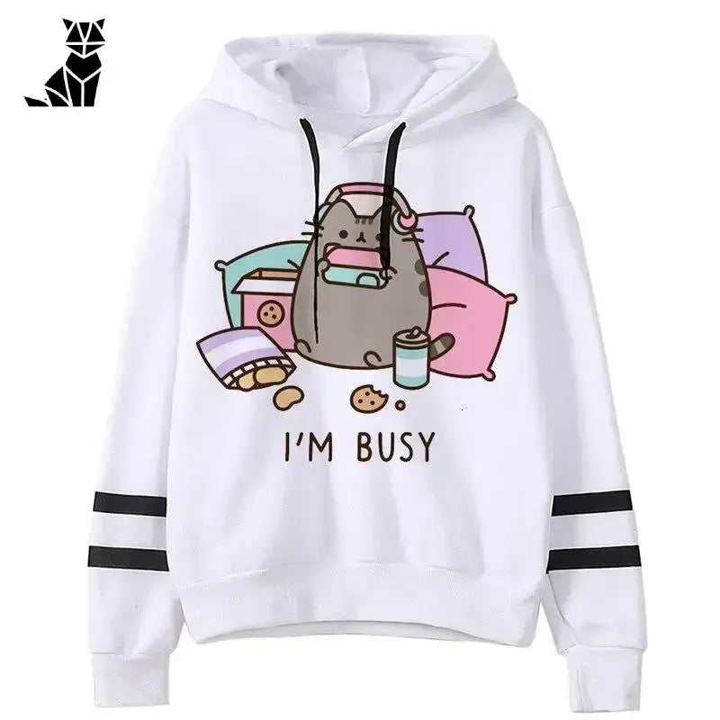 Bluza z Kotem Wygodna dla Miłośników Kotów Zajęta Kocia Muzyka / s Biały Bluza Kreskówka