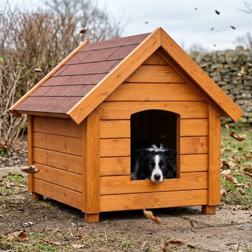 Buda dla border collie – Ocieplana, L, Teak – Ocieplone ściany