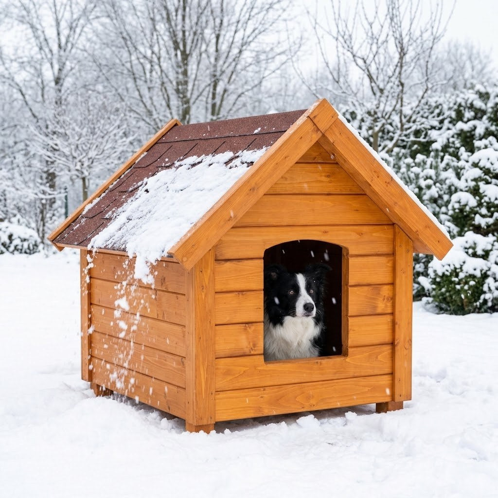 Buda dla border collie – Ocieplana, L, Teak – Deszcz spływa z dachu