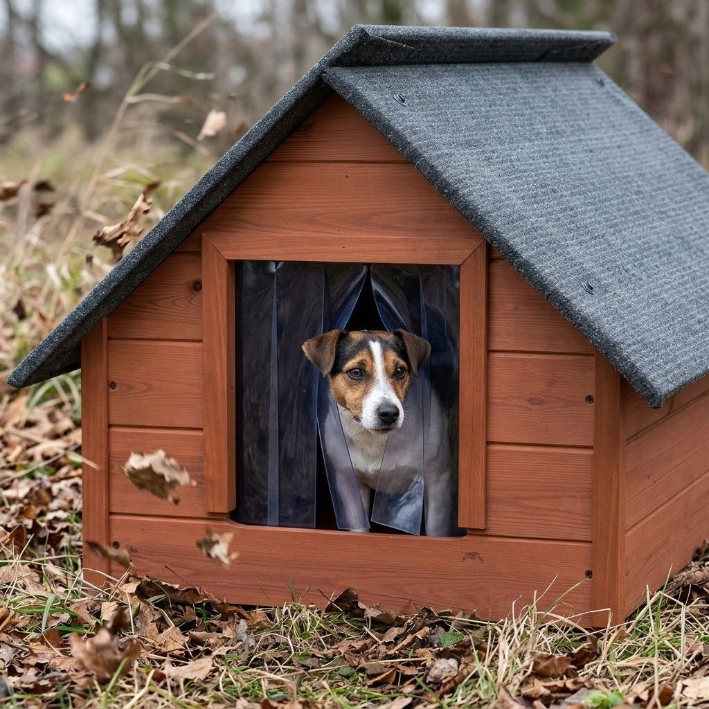 Buda dla psa M – Ocieplana, Drewniana, Palisander – Kurtyna zamiast przeciągu