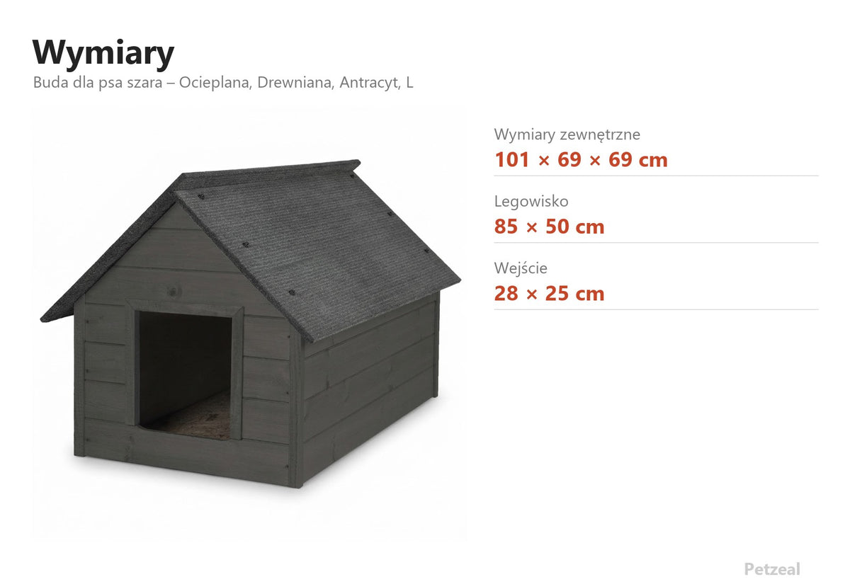 Buda dla psa szara – Ocieplana, Drewniana, Antracyt, L – wymiary