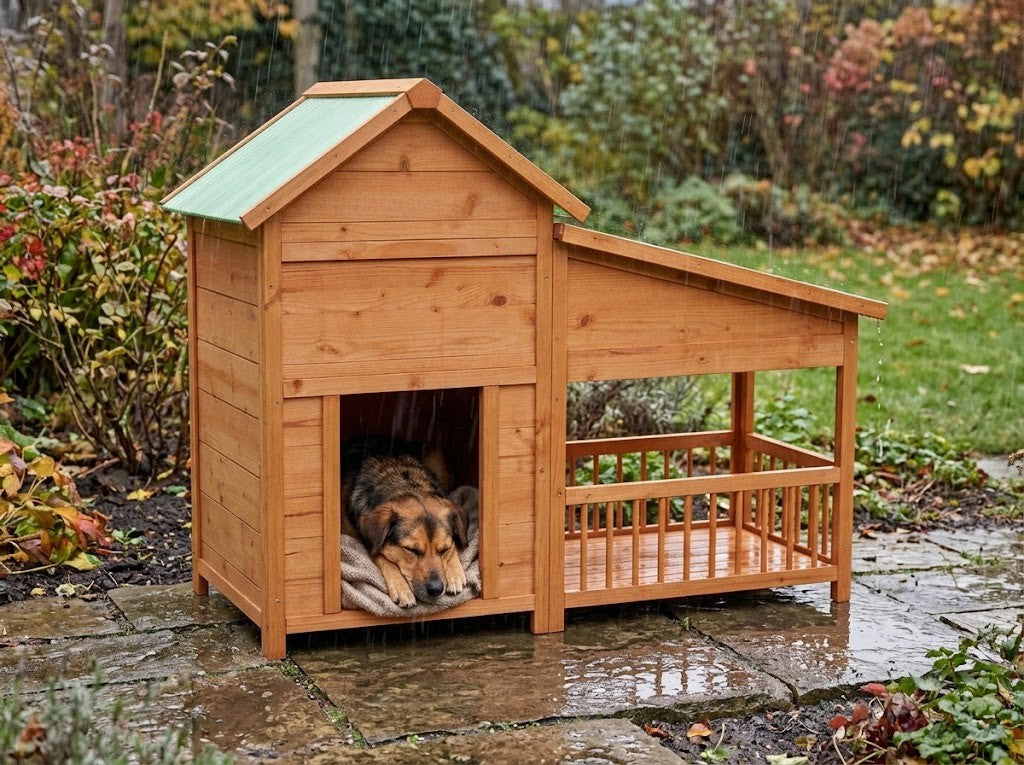 Buda dla Psa z Gankiem – Zadaszona Weranda 143x60,5x109 cm Drewno Sosnowe – w codziennym użyciu