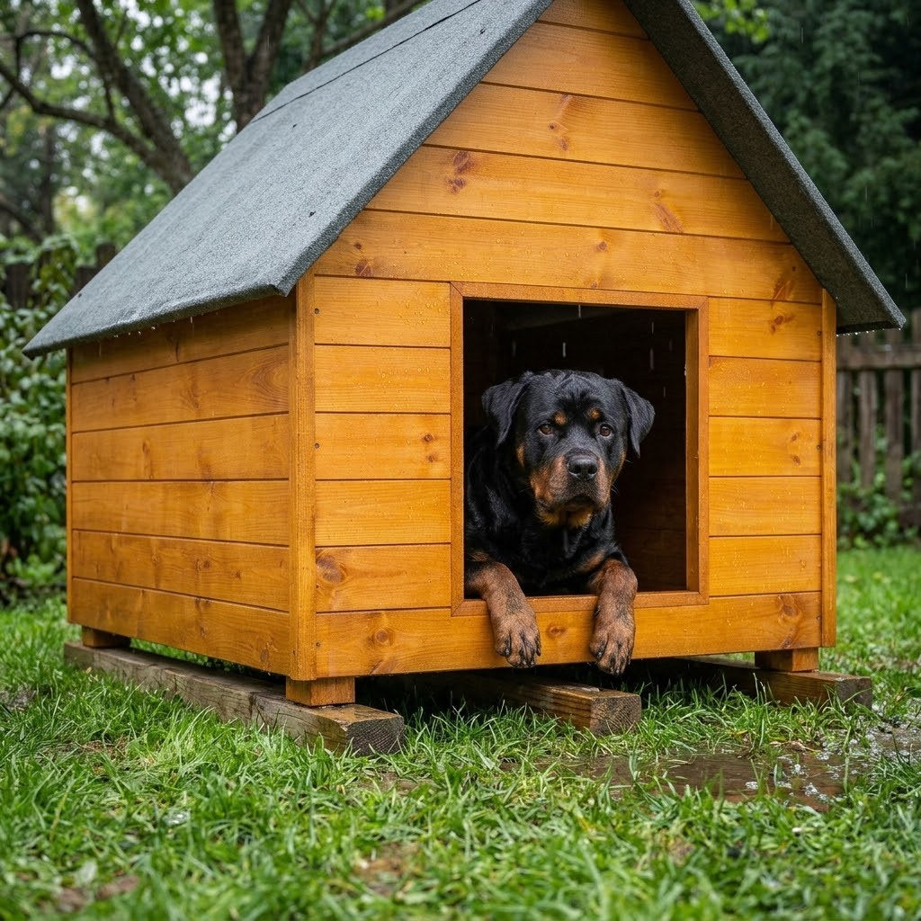 Buda dla rottweilera – Ocieplana, Drewniana, Teak, XXL – Podłoga z dala od wilgoci