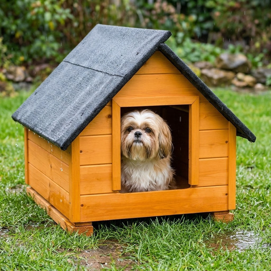 Buda dla shih tzu – Ocieplana, Drewniana, Teak, M – Sucho, gdy na dworze mokro