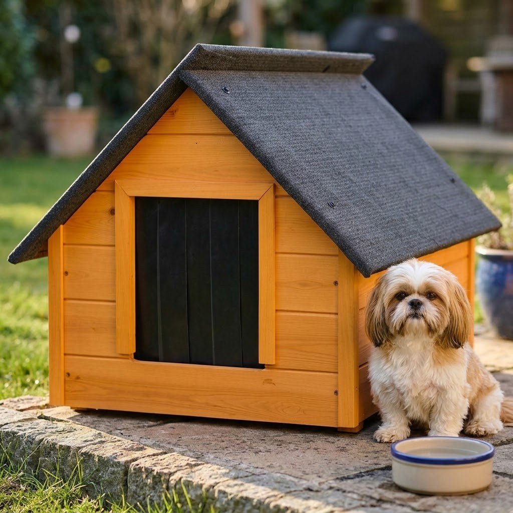 Buda dla shih tzu – Ocieplana, Drewniana, Teak, M – Ciepły kolor drewna