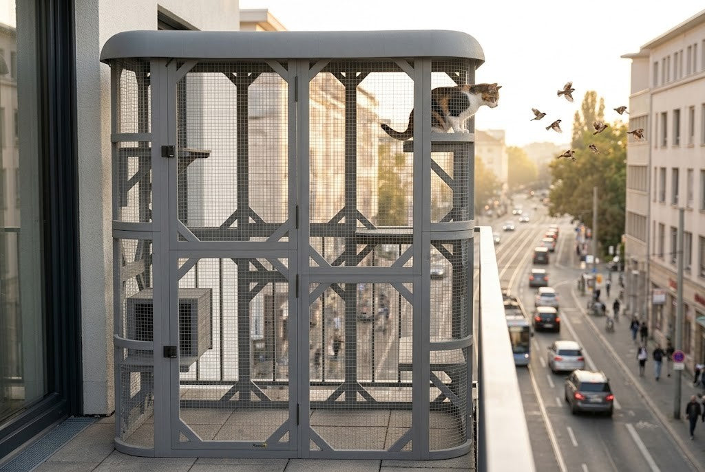Kot obserwuje miasto z catio na balkonie