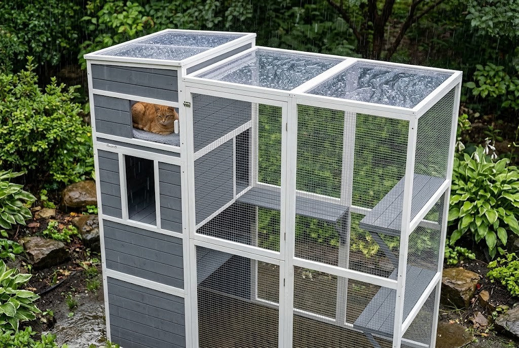 Szczelny dach catio w deszczu, kot suchy w domku
