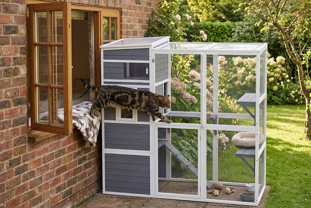Kot przechodzi z okna domu prosto do catio w ogrodzie