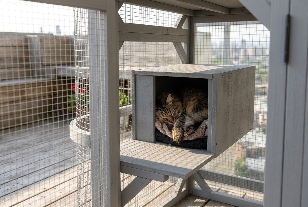 Kot odpoczywa w domku catio