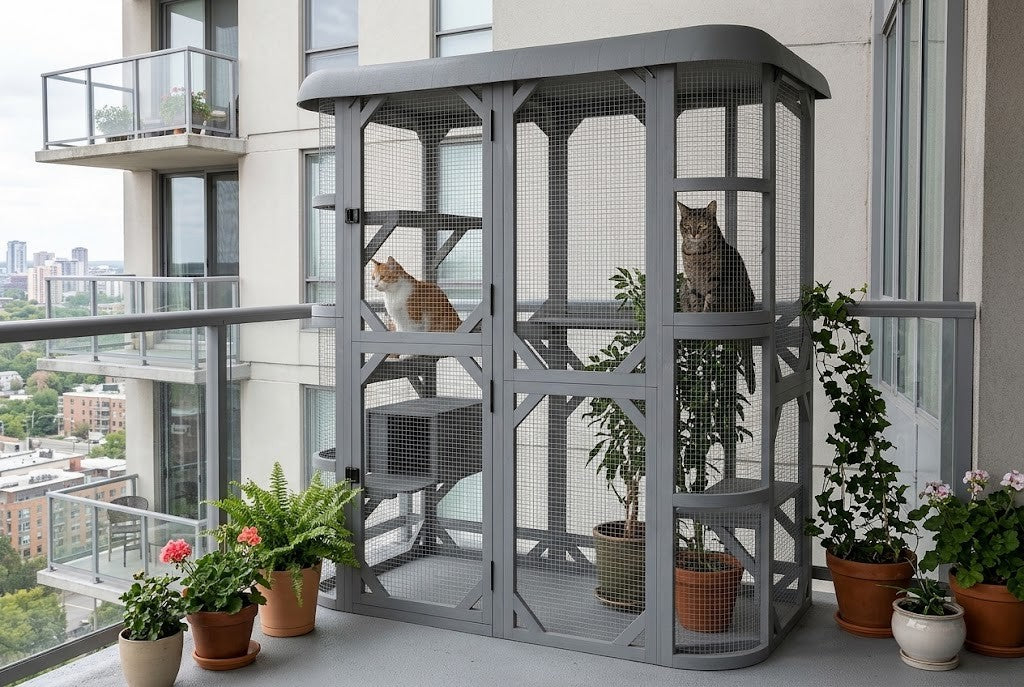 Catio na balkonie w mieście, koty na półkach