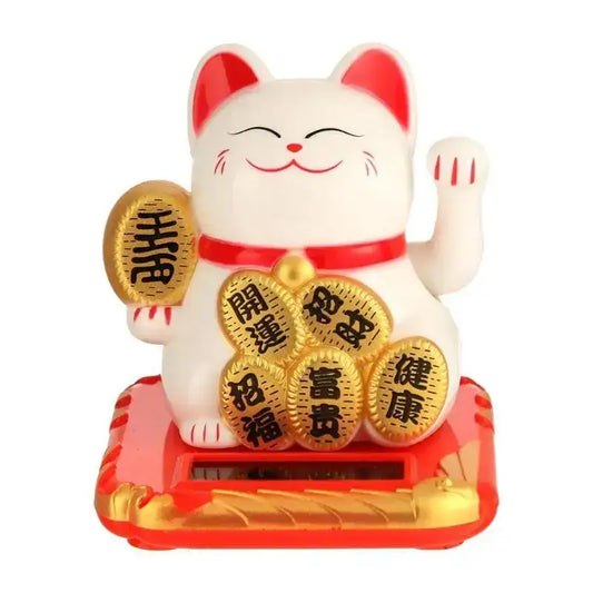 Chińska Figurka Kota na Szczęście Dekoracyjna Chiński Kot Biały Maneki-neko Zasilany Energią Słoneczną