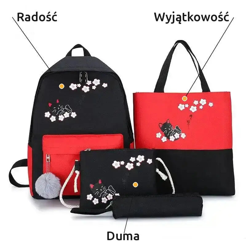 Elegancki Zestaw Szkolny z Motywem Kota Czarny