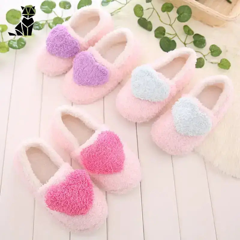 Kapcie Damskie Wkładane z Miękkim Wnętrzem Puszysty Ozdobiony Sercem Pastel