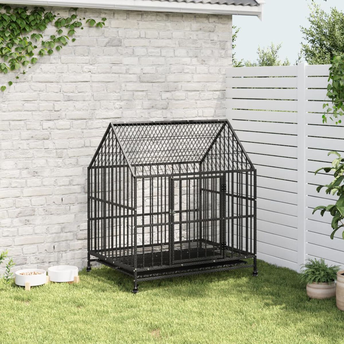 Klatka dla Dużego Psa na Kółkach 100x77x115 cm Stal Galwanizowana Czarna – widok 3