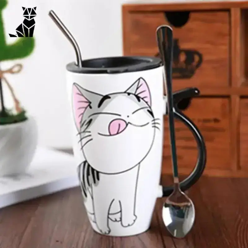 Kubek Termiczny z Kotem Ceramiczny na Prezent Miam Biały Ceramika Kubek