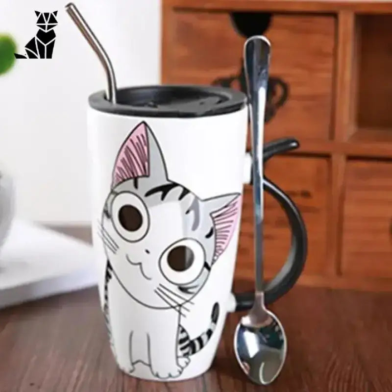 Kubek Termiczny z Kotem Ceramiczny na Prezent Uśmiechnięty Kot Biały Ceramika Kubek