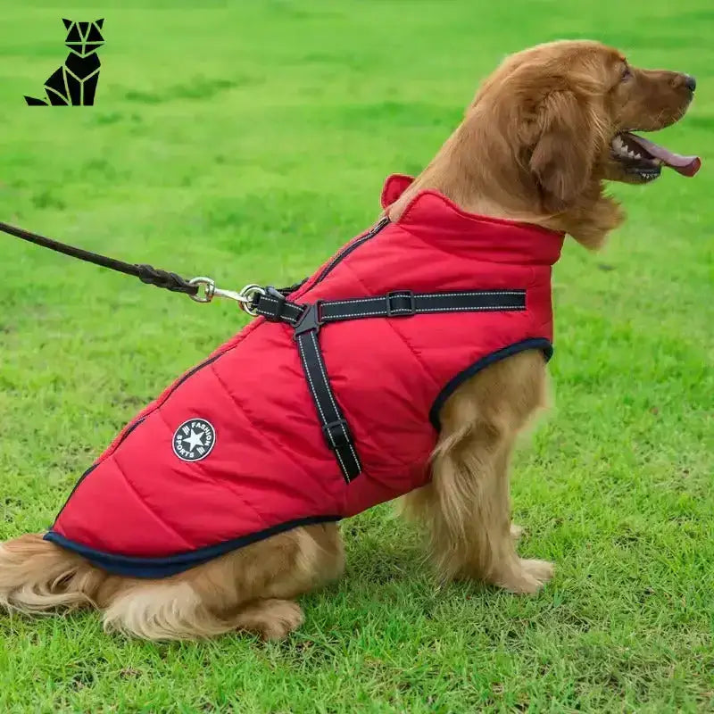 Kurtka dla Dużego Psa z Uprzężą Ocieplana Czerwony Pies Puffer