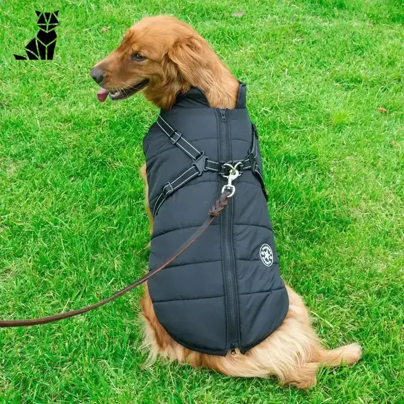 Kurtka dla Dużego Psa z Uprzężą Ocieplana Złoty Retriever Czarny