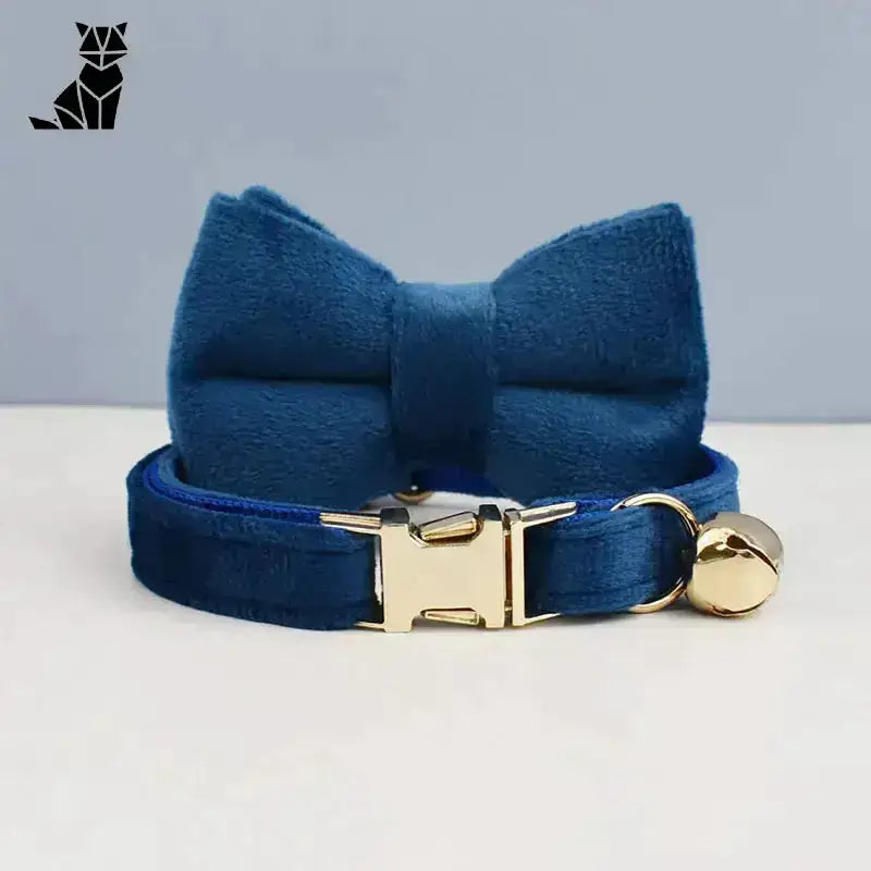 Naszyjnik dla Kota Aksamitny Personalizowany Ciemnoniebieski z Muszką / S(16-26cm) Marynarka Niebieski Aksamit
