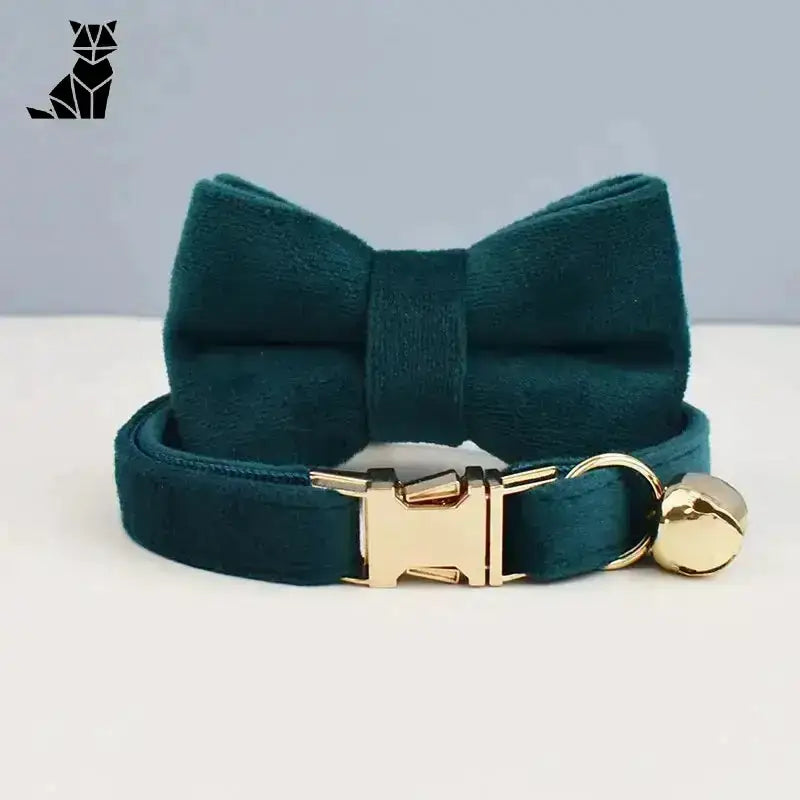 Naszyjnik dla Kota Aksamitny Personalizowany Zielony z Muszką / S(16-26cm) Turkus Aksamit Kot