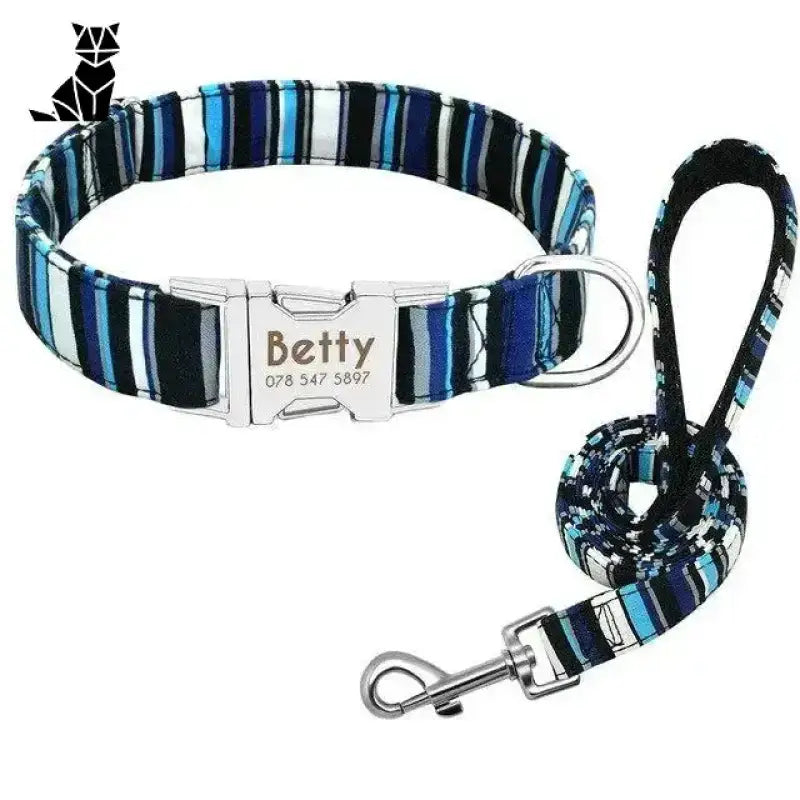 Obroża dla Psa z Imieniem Led Regulowana Styl 5 / s (22-37 Cm) / ze Smyczą Niebieski Czarny w Paski