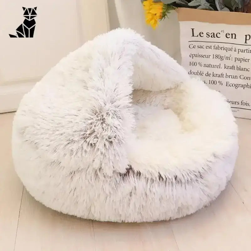 Okrągłe Legowisko Pluszowe Przytulne dla Kota Kawowy / 40cm Puszysty Biały Styl Jaskiniowy