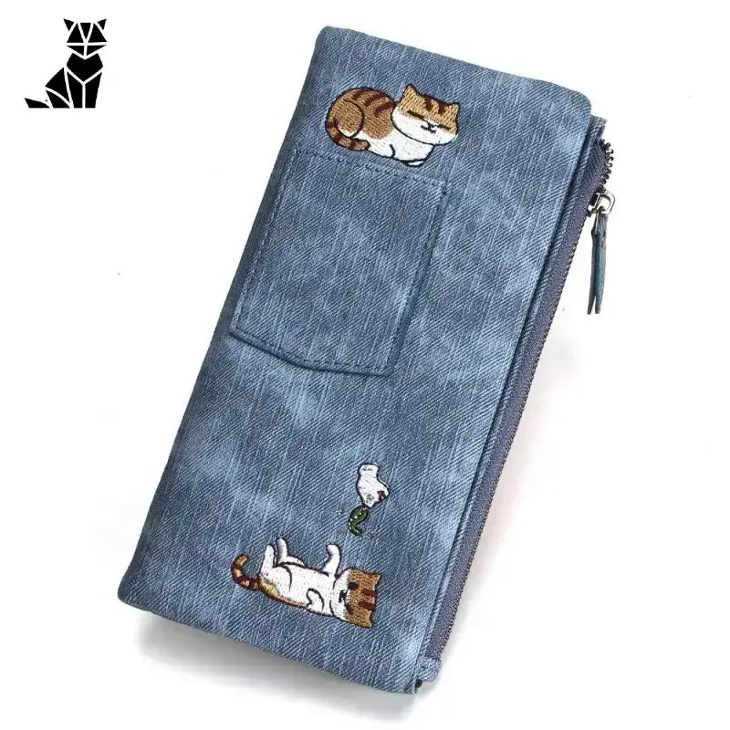 Portfel dla Kota Stylowy z Kocim Motywem Niebieski Denim-look Portfel Haftowany