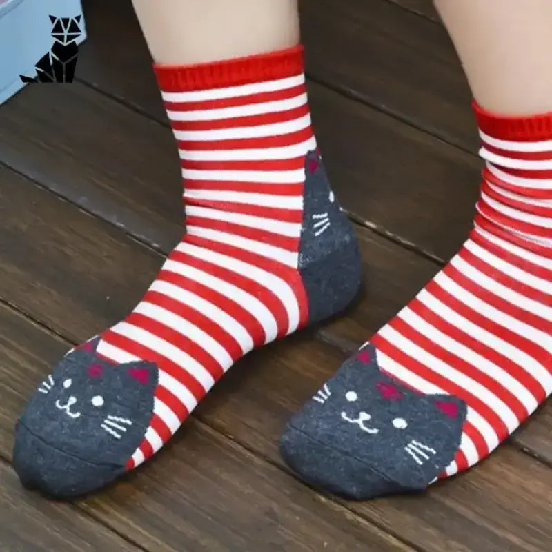 Skarpetki z Kotami Bawełniane Unisex Czerwony Biały w Paski
