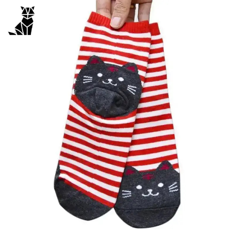 Skarpetki z Kotami Bawełniane Unisex Róż Czerwony Biały w Paski