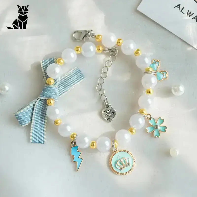 Śliniak dla Kota Stylowy na Sesje Zdjęciowe Niebieski / Xs Biały Perła Bransoletka