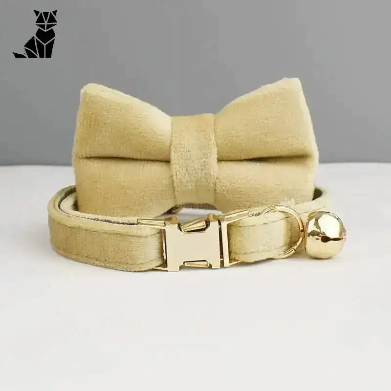 Stylowa Obroża z Kokardką dla Kota Beżowy z Muszką / S(16-26cm) Miękki światło żółty