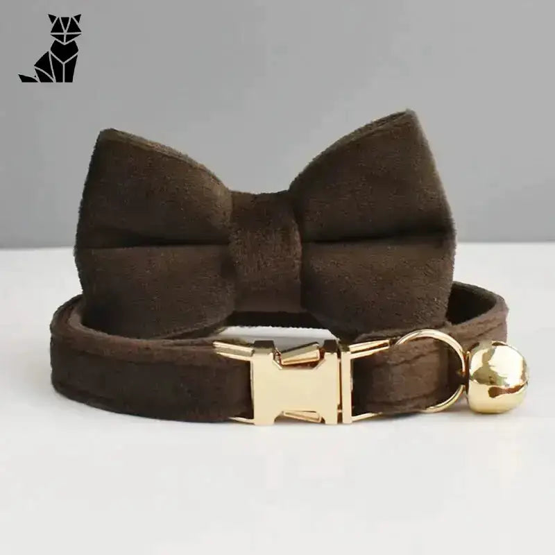 Stylowa Obroża z Kokardką dla Kota Ciemnobrązowy z Muszką / S(16-26cm) Brązowy Aksamit Kot