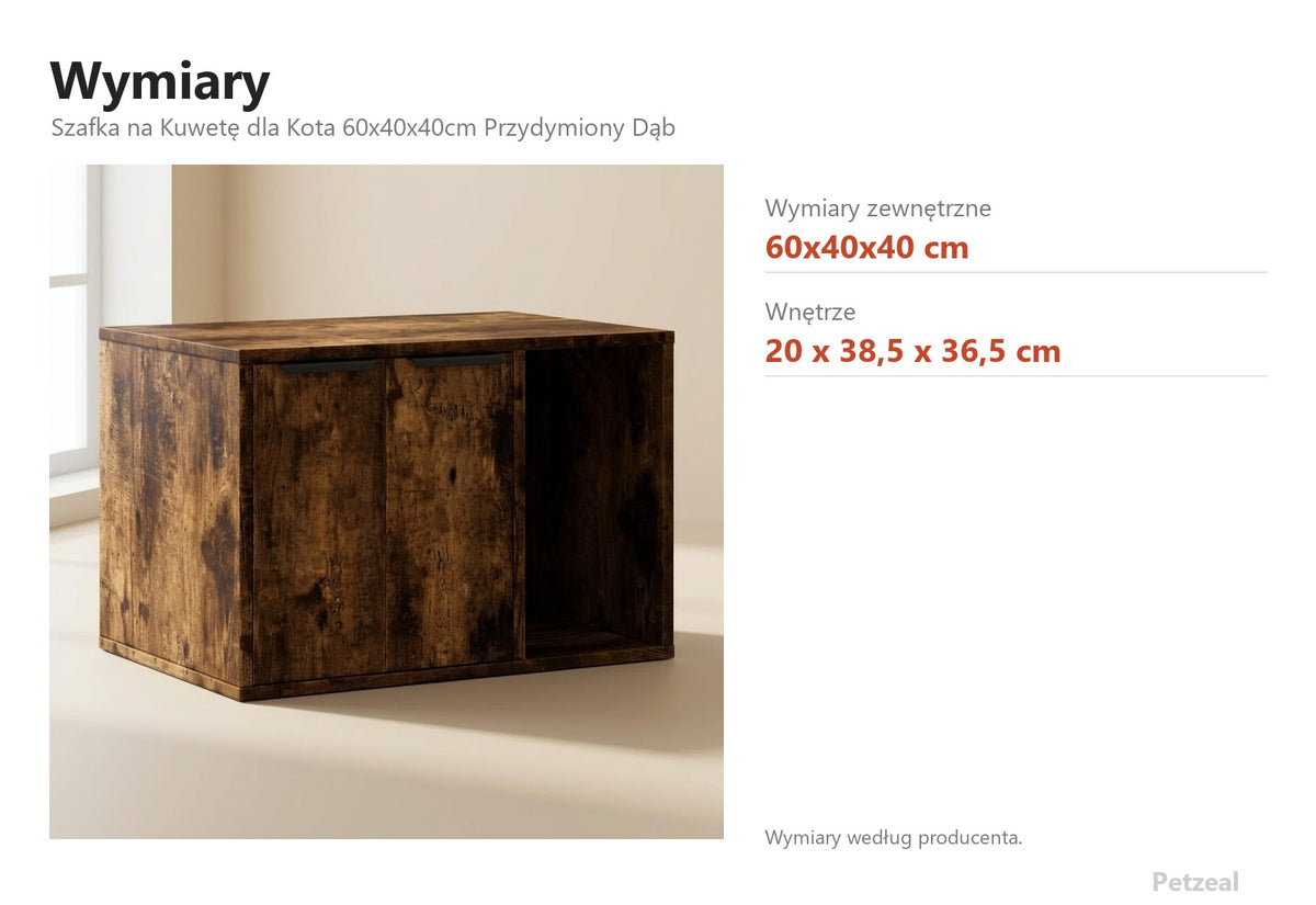 Szafka na Kuwetę dla Kota 60x40x40cm Przydymiony Dąb – wymiary