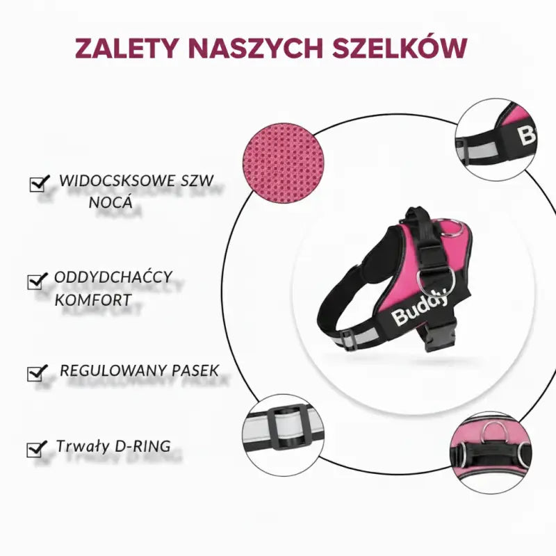 Szelki dla Psa z Imieniem Bezuciskowe Haft Różowy Czarny Pies