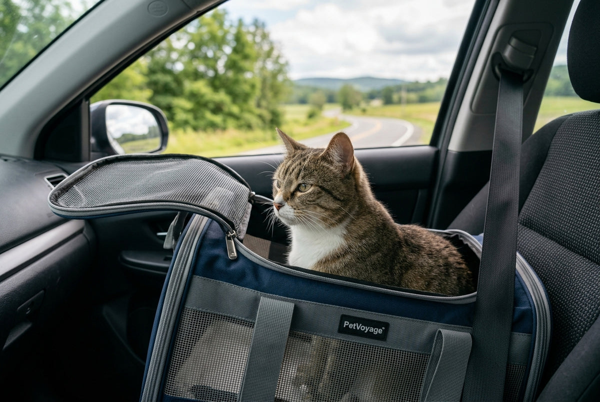 Kot spokojny w torbie transportowej w samochodzie - Petzeal