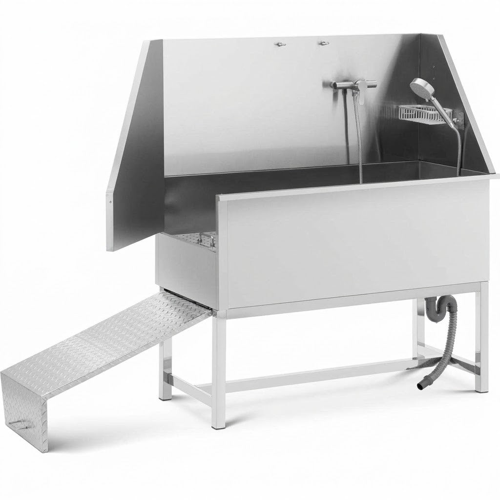 Wanna groomerska ze stali nierdzewnej z rampą – 122 × 56 × 142 cm, z baterią i prysznicem