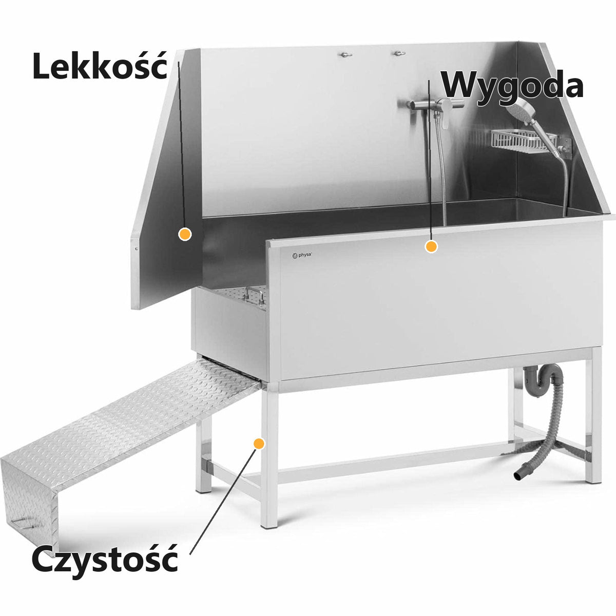 Wanna groomerska ze stali nierdzewnej z rampą – 122 × 56 × 142 cm, z baterią i prysznicem – widok 2
