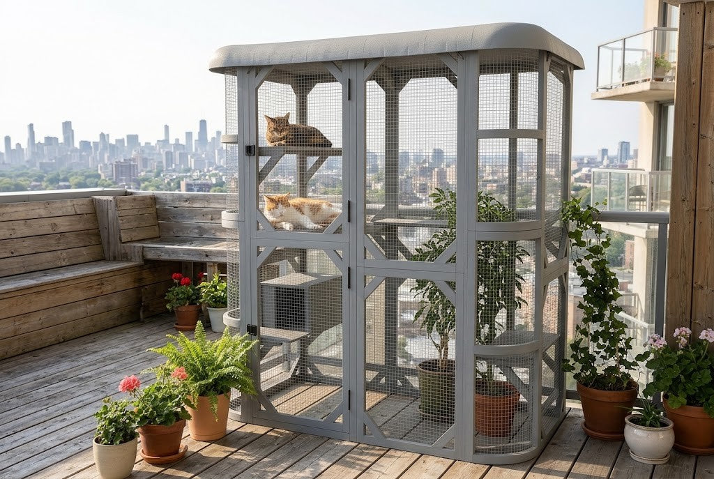 Woliera dla Kota na Balkon i Taras – Catio z Domkiem i 4 Półkami – widok 3