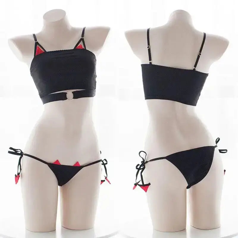 Zestaw Kotów Wysokiej Jakości Przebranie na Karnawał Diabelski Kot Czarny Dwuczęściowy Bikini